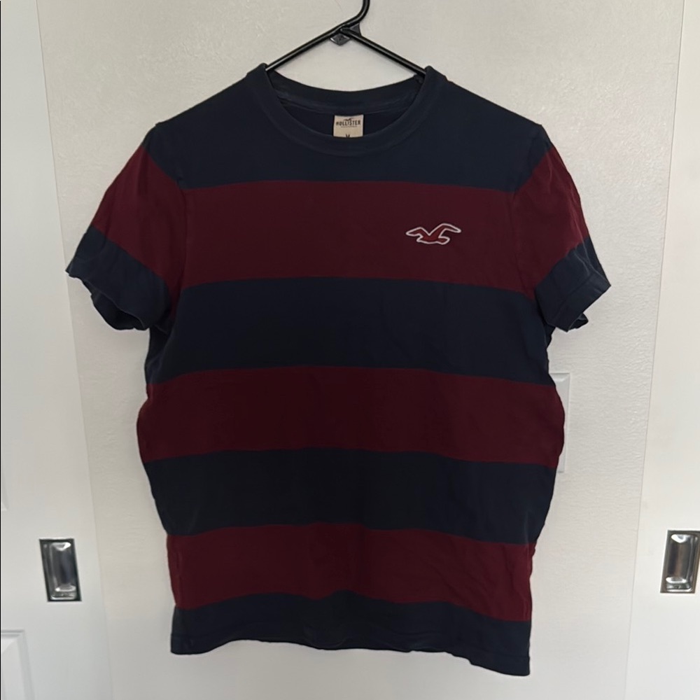 Hollister Men's Navy and Maroon Striped Shirt